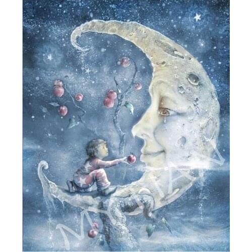 Full square/round 5D DIY diamond painting Boy Giving Apple to the Moon Embroidery Pattern 3D Cross stitch mosaic sticker decor
