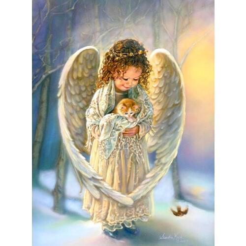 Little Angel with Kitten Diamond mosaic Cross stitch resin square round drill embroidery diamond painting new year gift