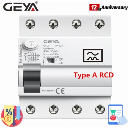 GEYA GYL9 Type A RCD Residual Current Circuit Breaker ELCB 4Pole 40A 63A RCD ELCB Detect Pulsating DC Residual Current
