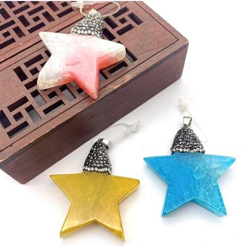 Natural Stone Five-pointed Star Agate Pendant Colorful Diamond-studded Ladies Earrings Necklace Jewelry DIY Handmade 26/41mm