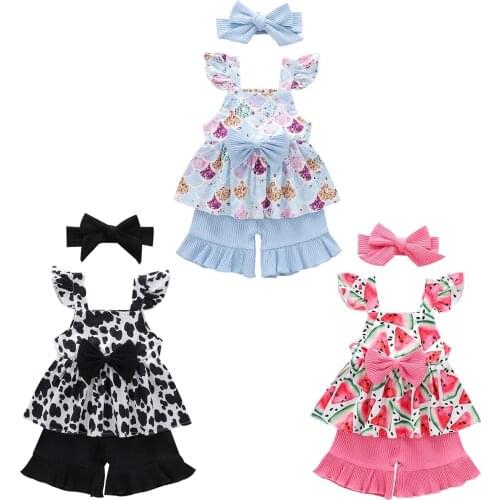 Citgeett Summer 12M-5Y Baby Girl 3Pcs Set Print Bow Flared Short Sleeve Top+Ruffled Shorts+Headband Set Clothes