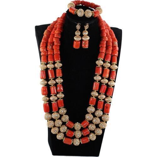Fantastic 3 Layers Real Coral Beads Statement Necklace Set Dubai Gold Bridal Coral Jewelry Sets 2019 African Coral Beads CNR044