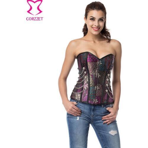 Purple Gothic Corset Plus Size Brocade Waist Trainer Steel Boned Overbust Corset Steampunk Chain Corsets For Woman Plus Size