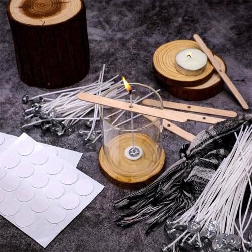 HGHO Bulk Candle Wicks 100 Pcs 6 Inch with 60Pcs Candle Wick Stickers and 10 Pcs Wooden Candle Wick Centering Device