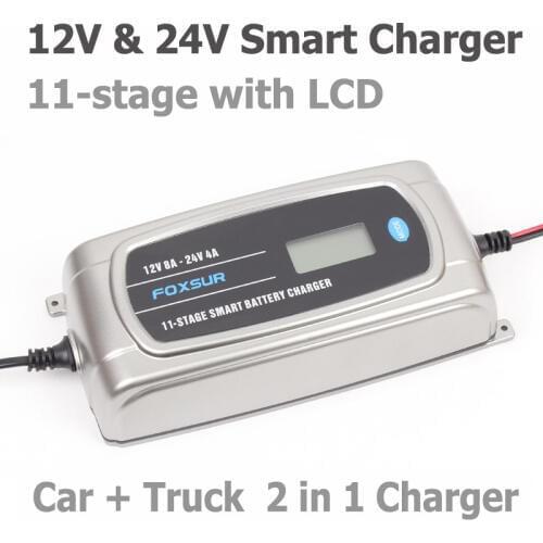 FOXSUR 12V 8A 24V 4A 11-stage Smart Battery Charger, Car Truck AGM EFB GEL WET Battery Charger, Lead Acid Charger LCD Display