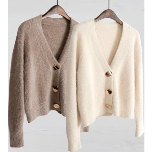Mohair Sweater Women Cardigans 2019 Winter V-neck Soft Knitted Tops Outwear solid White Brown Casual Woman Knitwear Sweaters