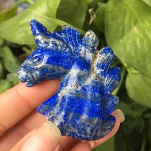MOKAGY Hand Carved Natural Crystal Animals Lapis Lazuli Unicorn Engrave for Gift Decoration 2 Inch 1pc