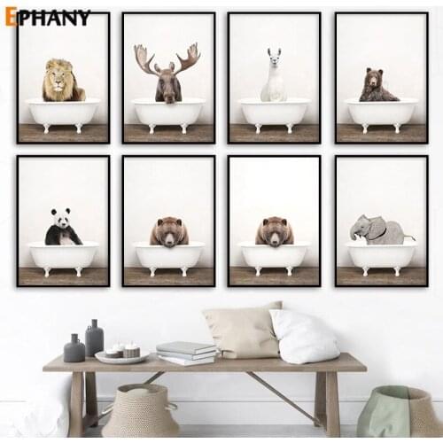 Bathtub Animal Wall Art Llama Giraffe Bear Canvas Painting Nordic Panda Lion Print Poster Pictures Kids Room Toilet Decor