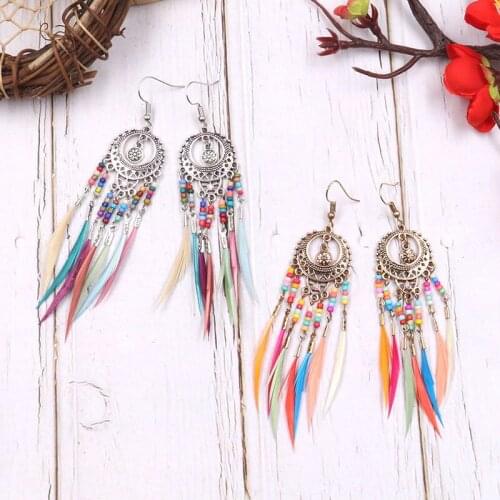 New Golden Silver Color Ethnic Acrylic Multicolor Beads Tassel Feather Drop Earrings For Women Wedding Earrings Boho Jewelry
