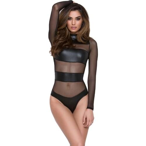 See Through Leotard Patent Leather Sexy Lingerie Mesh Fabric Sexi Women Catsuit Sex Erotic Underwear Ladies Transparent Bodysuit