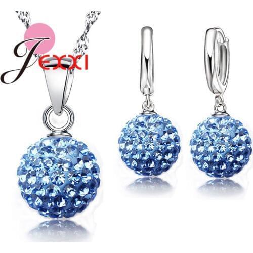 Best Hot New Jewelry Sets 925 Sterling Silver Austrian Crystal Pave Disco Ball Lever Back Earring Pendant Necklace Woman