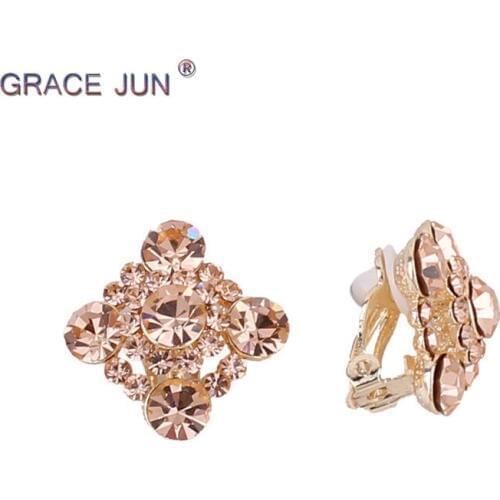 GRACE JUN Rhinestone Cyrstal Geometric Shape Clip on Earrings No Pierced Ears for Women Party Weeding Bride Charm Jewelry Gift