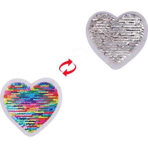 ShinEquin Fashion Heart flip the double sided Patches for clothing Diy Reversible change color sequins Patch T-shirt Stickers