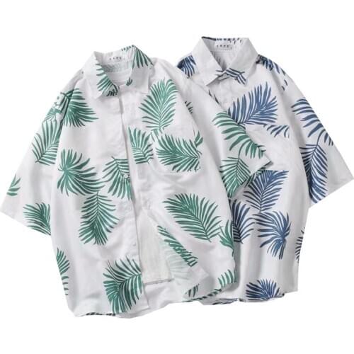 Blue Coconut Leaf Shirt Men Summer Short Sleeve Mens Beach Hawaii Shirts Casual Hawaiian Shirts Chemise Homme Camisa Masculina