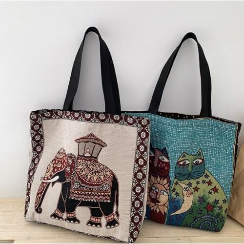 Youda Women Canvas Shopping Bag Elephant Cartoons Print Female Cotton Cloth Shoulder Eco Handbag Reusable Grocery Shopper Bags