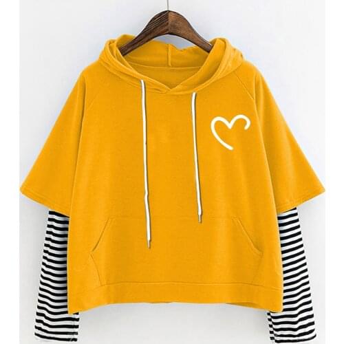 Fake Two Pieces Hooded Sweatshirts Women Stripe Sleeve Patchwork Hoodies Casual Long Sleeve Drawstring Tops moletom feminino