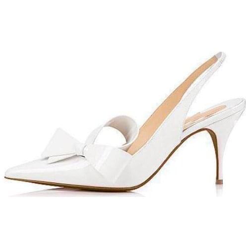 Moraima Snc White Patent Leather Women High Heel Shoes Sexy Pointed Toe Slingback Thin Heels Pumps Butterfly-knot Dress Shoes