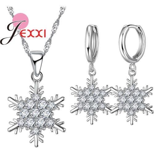 Luxury Crystal Snowflake Earrings Necklaces Sets 925 Sterling Silver CZ Cubic Zircon Gift for Women Female Top Jewelry