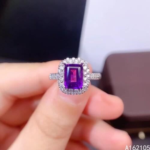 925 pure silver Chinese style natural amethyst womens luxury popular rectangle adjustable gem ring fine jewelry support detecti