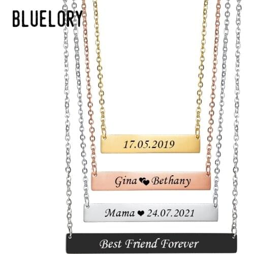Bluelory Custom Name Bar Women Necklace 4 Colors Laser Engrave Names Date Word For Family Friend Lovers Customized Jewelry Gift
