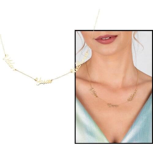 Tesbihane Personalized Special Three Name Written Gold Color 925 Sterling Silver Lady Necklace