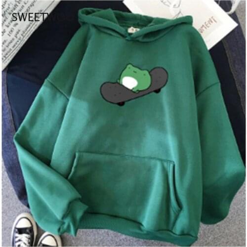 Winter Skateboard Frog Oversized Sweatshirt Men and Womens Hoodies Harajuku Warm Pullover Drawstring Pink Womens Korean Style