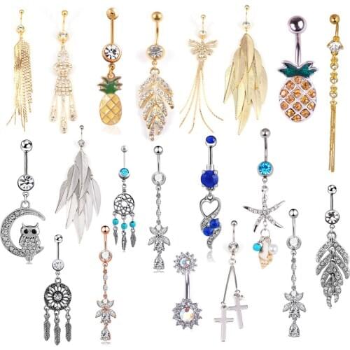 1PC Sexy Dangle Belly Bars Belly Button Rings Fashion Surgical Steel Rhinestone Body Jewelry Navel Piercing Rings
