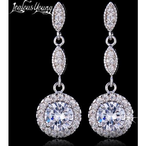 2018 Fashion Round Lon Drop Earrings For Women Silver Color Wedding Earrings With Zircon brinco Indian Jewelry bijoux AE608