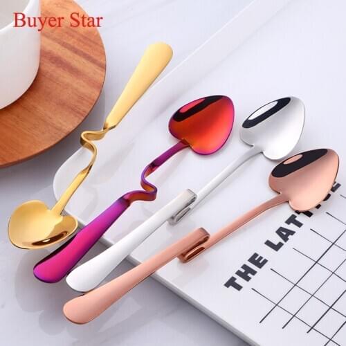 4pcs stylish handle Stainless Steel Spoon Coffee Scoops flatware Dessert Hanging Cup Teaspoons set Tableware Kitchen Utensils
