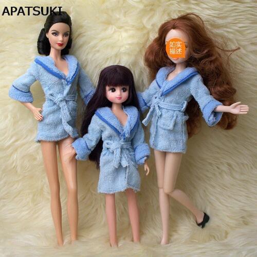 Doll Accessories Blue Plush Bathrobe For Barbie Bathroom Winter Pajama Sleeping Wear Casual Clothes For Barbie Doll House Toy