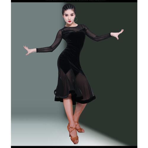 Balck Velvet Bodice with Long Mesh Sleeves Latin Skirt Women Adult Stage Dance Ballroom Sexy Dress Qiaqia Rumba Dancewear B0077