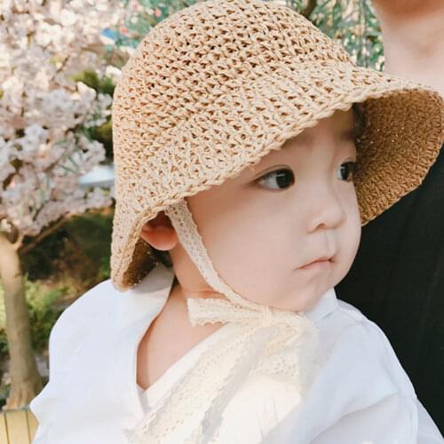 Baby Straw Hat with Ribbon Tie Summer Baby Girl Sun Hat Spring Floded Thin Sunscreen Sun Hat Childrens Fisherman Hat for Hids