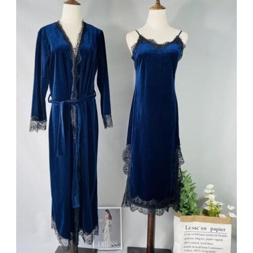 Long Velvet Robr Kimono Bath Gown Nightgown Set Lady Sexy Lace Sleepwear Velour Nightwear Autumn Winter Loose Home Clothes
