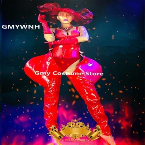 K48 Singer performance red big headdress stage ballroom dancer costumes dj dress sexy bodysuit women wears outfit clothe bikini