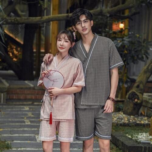 2PCS Japanese Lover Clothing Set Red Plaid Clothes Kimono Yukata Cotton Steaming Wear Pajamas Man Woman Bathrobe Nightgown Short
