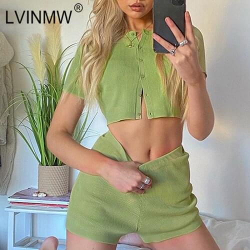 LVINMW Solid Stretchy Casual Slim Homewear Woman Two Piece Set Buttons O Neck Short Sleeve Tee High Waist Shorts Streetwear