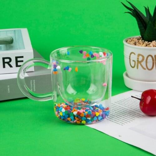 Girl Heart Bubble Starry Sky Cup Star Sequin Double Wall Glass Cup Handle Heat-resistant Milk Cup Kawaii Cup Cute Coffee Mug