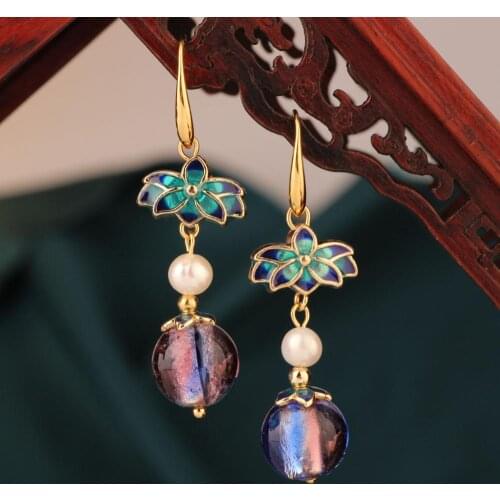 Original Chinas Wind Long Lotus Freshwater Pearl Pendant Earrings,vintage Green Drop Earring for Women Jewelry