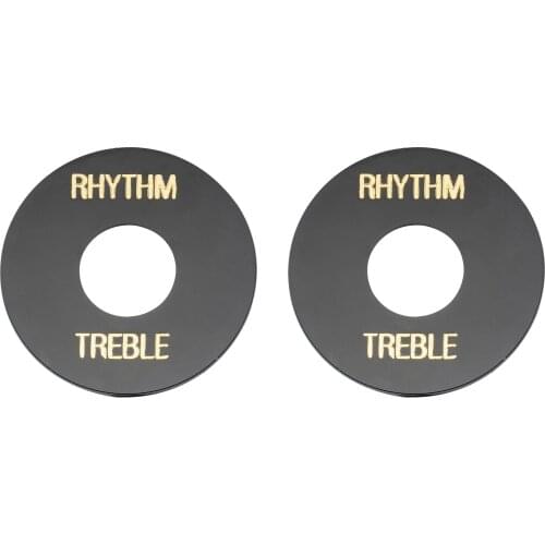 Musiclily Pro Self Adhesive Guitar Toggle Switch Plate LP Washer Rhythm Treble Ring, Black with Gold Words (Set of 2)