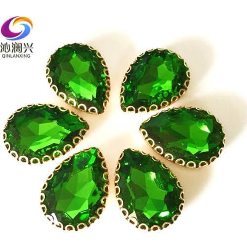 Grass green Drop shape top glass crystal lace claw rhinestones,golden base sew on stone for Diy/Clothing accessories HGS16