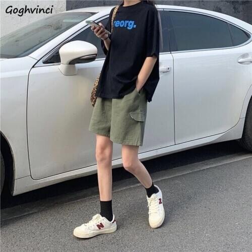 Women Summer Shorts Knee Length Loose Cargo Side Pockets Summer Casual All-match Vintage Korean Style Ulzzang College Simple INS