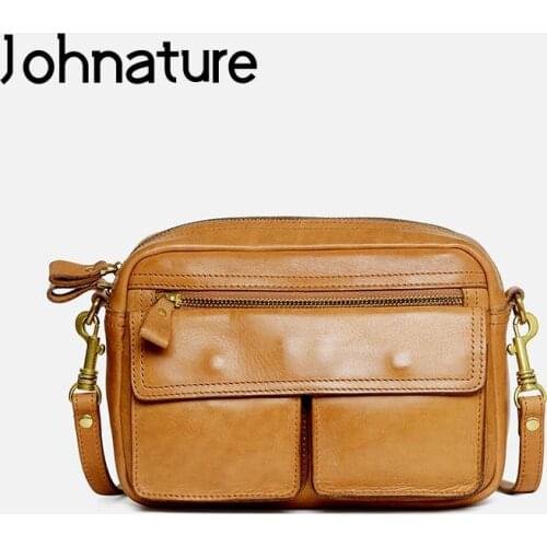 Johnature Simple Nature Genuine Leather Crossbody Bags For Women 2021 New Versatile Soft Cowhide Solid Color Shoulder Bags