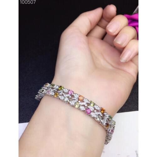 Luxurious Row Natural Multicolor tourmaline Bracelet Natural gemstone Bracelet 925 silver bracelet Female party gift Jewelery