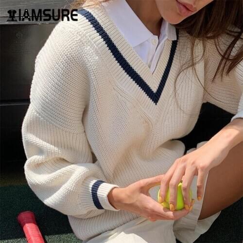 IAMSURE 2020 Autumn Long Sleeve Oversize Knitted Pullover Sweater For Women Preppy Style Female V-Neck Casual Loose 90s Sweater