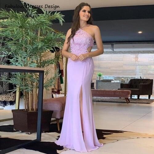 2021 Lilac Halter Mermaid Evening Dresses Applique Lace With Split Long Prom Dress For Women Chiffon вечерние платья
