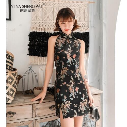 Black Cheongsam Flower Female Chinese Traditional Dress Sexy Off Shoulder Plus 3XL Party Gown Qipao Classic Sleeveless Vestidos