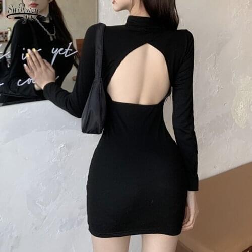 Long Sleeve High Waist Hollow Back Bottoming Dress for Women Autumn Sexy Slim Bodycon Dress Lady Solid Splicing Hip Dress 12997