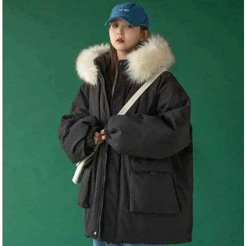 Ladies Coat Winter 2021 New Big Fur Collar Down Padded Outerwear Loose BF Thick Hooded Mid-Length Zipper Tooling