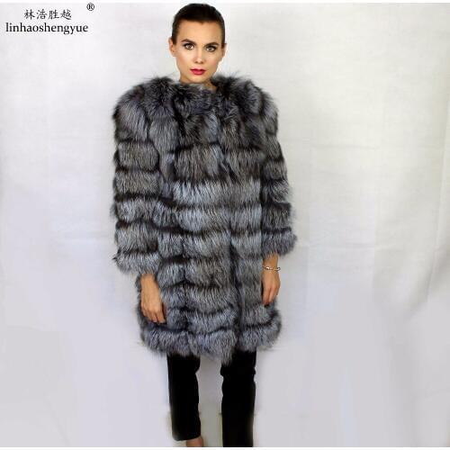 Linhaoshengyue Fashion Real Silver Fox Fur Women Coat Winter Warm Winter Warm Freeshipping
