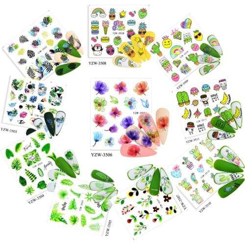 10 Kinds Cactus Banana Leaf Butterfly Nail Sticker Seaweed Cake Nail Decal Nail Stickers Line Flowers Black Abstract Face Leaves